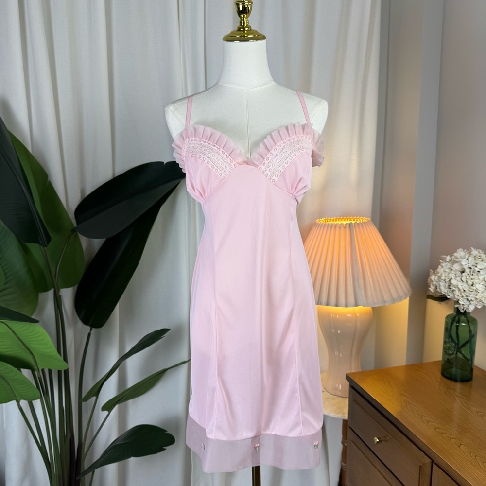 Vintage 1960s Pink Ruffle Rosettes Sheer Nightgown by Silverknit